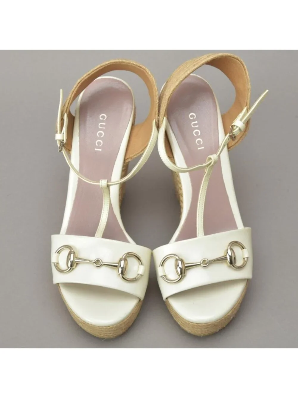 Gucci Horsebit Wedge Sole Sandals Enamel White 34
